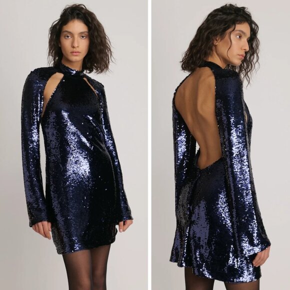 NWT Sabina Musayev Arena Sequin Cutout Mini Dress Blue Size S Party Cocktail - Picture 1 of 14